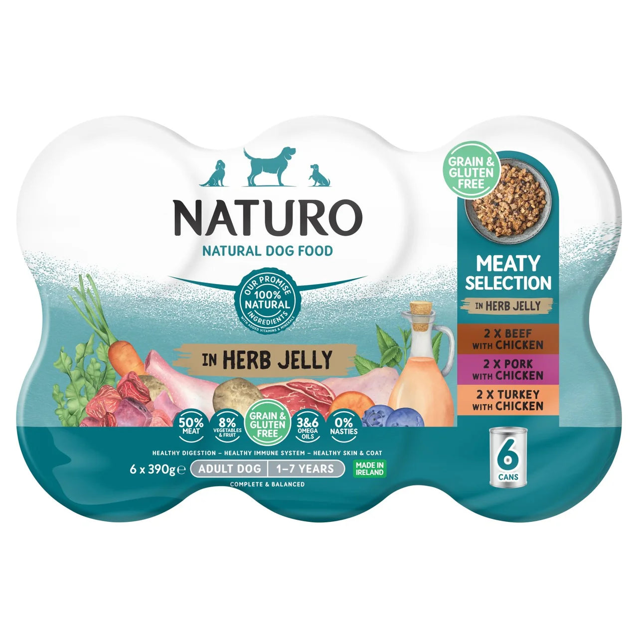 Naturo Grain Free Meaty Selection in Herb Jelly Wet Dog Food for Adult Dogs, 6 x 390g