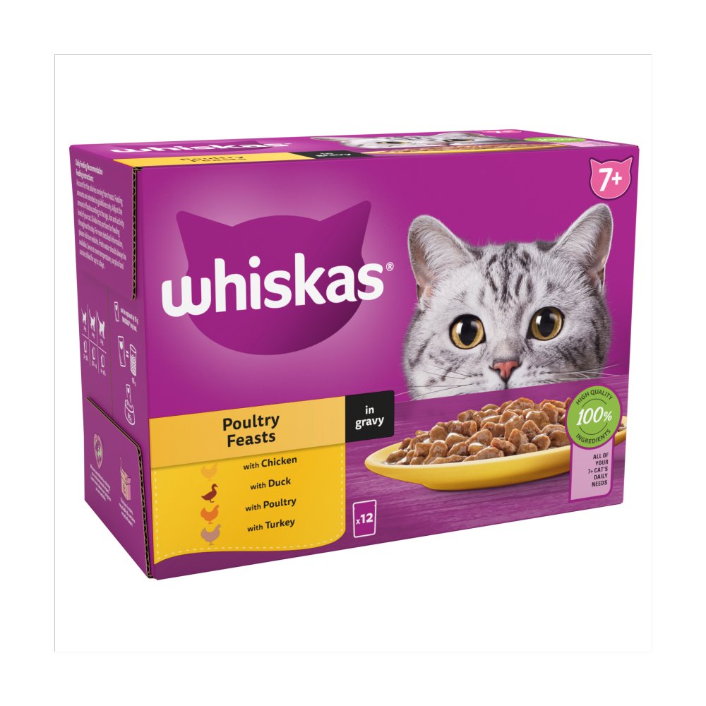 Whiskas 7+ Poultry Feasts in Gravy Wet Cat Food for Senior Cats, 12 x 85g
