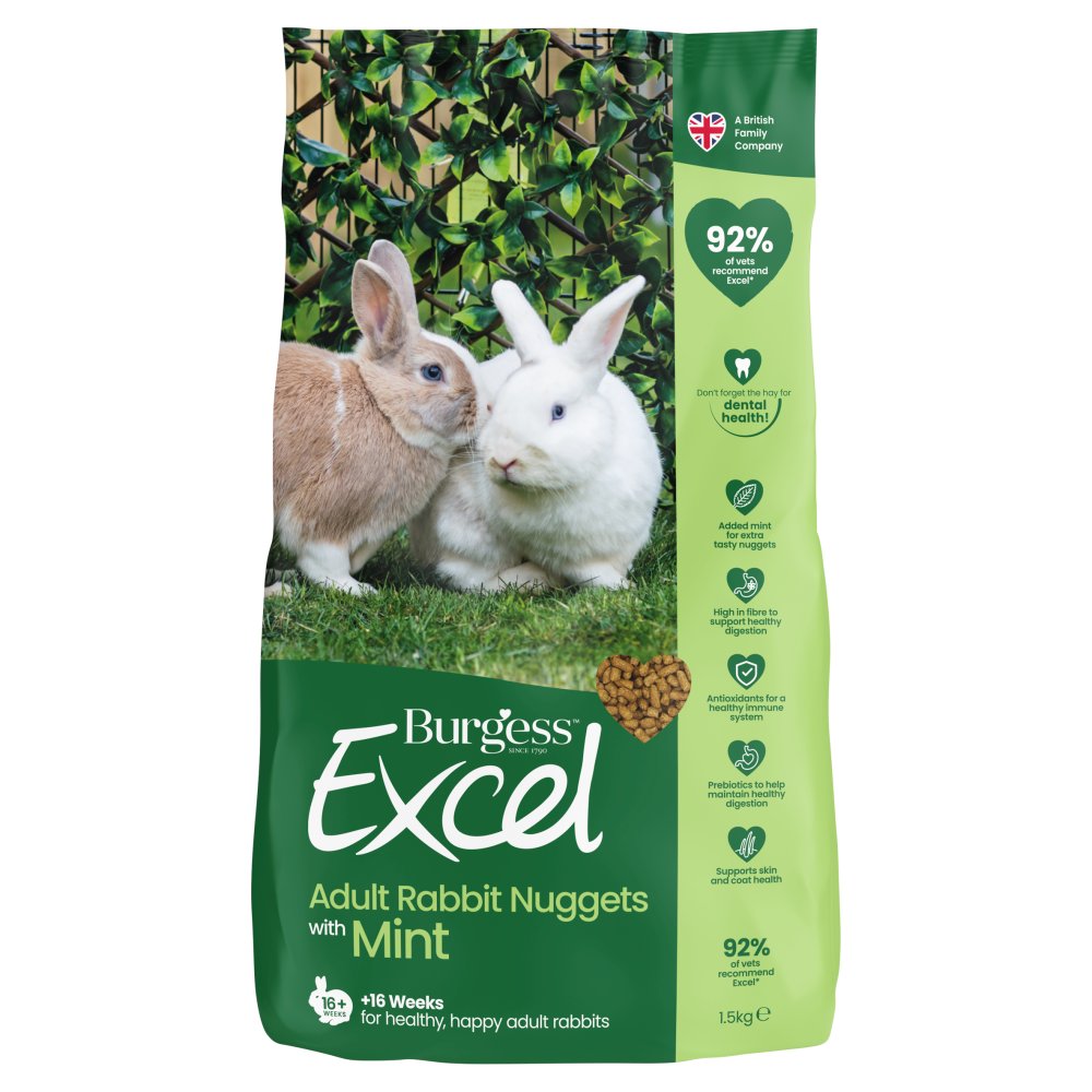 Burgess Excel Adult Rabbit Nuggets with Mint packaging featuring two rabbits on a grassy background.