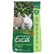 Burgess Excel Adult Rabbit Nuggets with Mint packaging featuring two rabbits on a grassy background.