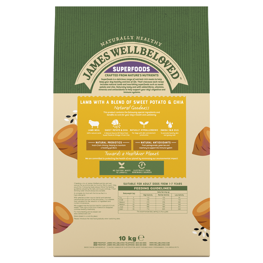 James Wellbeloved Lamb with Sweet Potato & Chia Superfoods Dry Dog Food for Adult Dogs, 10kg