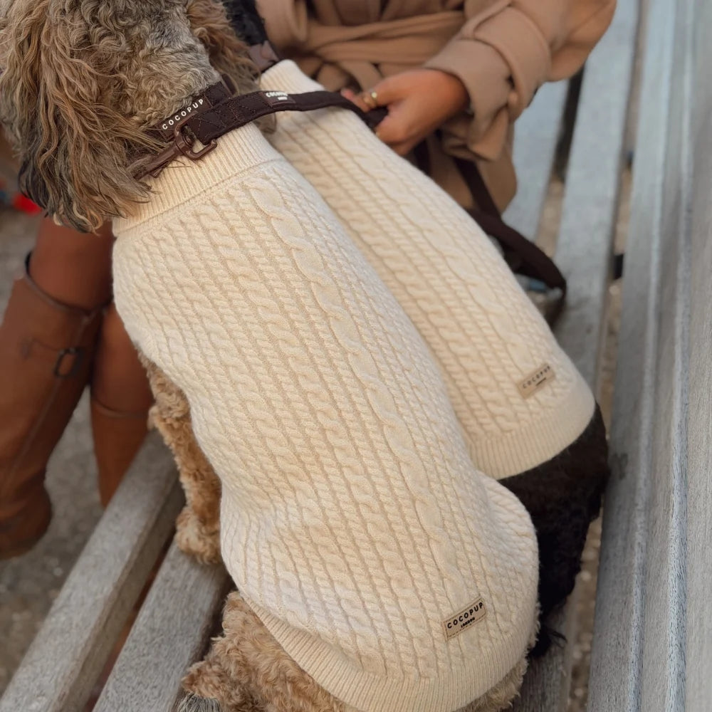 Cocopup White Mocha Cable Knit Dog Jumper, Medium