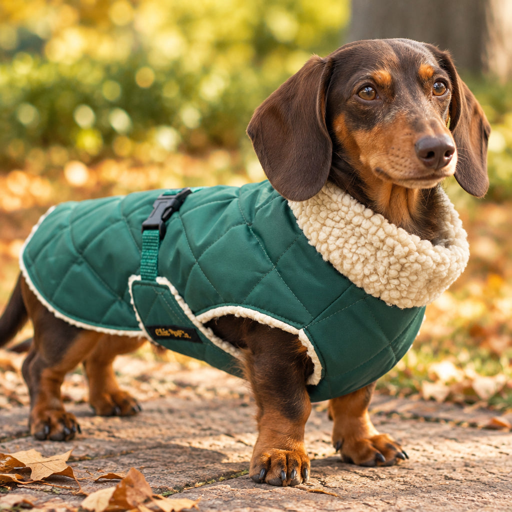 Chic Pup Co Green Waterproof Sherpa-Lined Dog Coat for Dachshunds