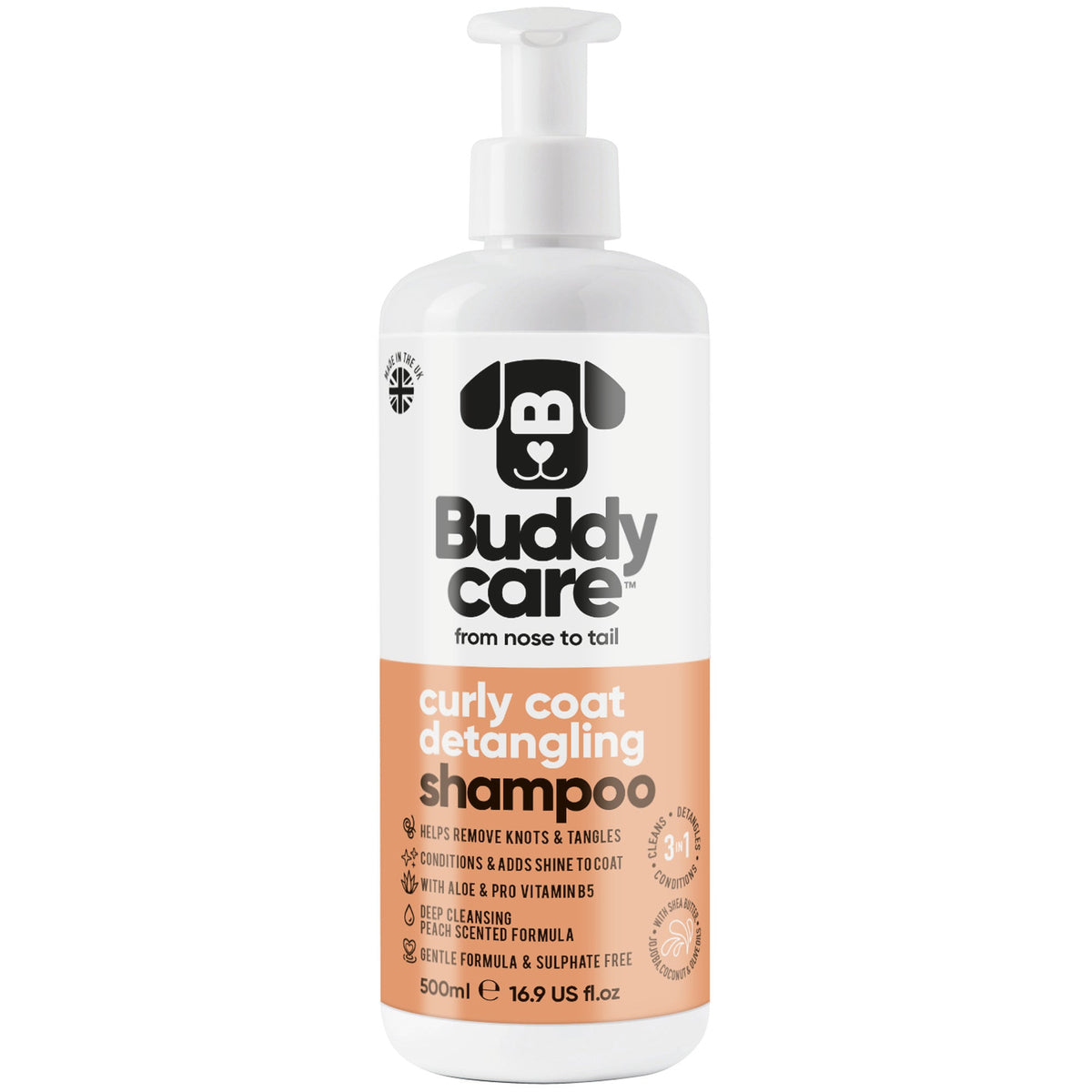 Buddycare Curly Coat Detangling 3in1 Peach Dog Shampoo, 500ml