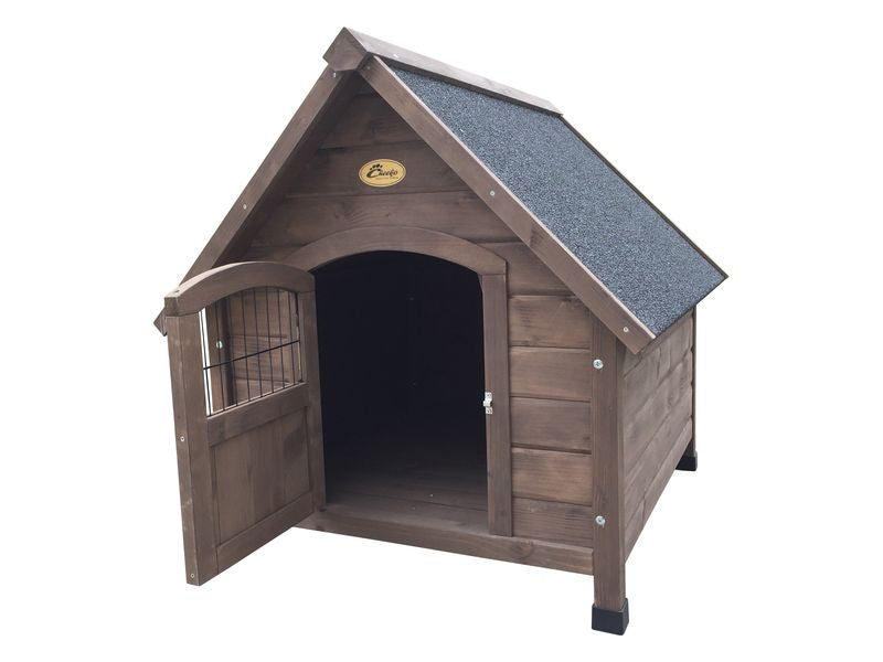 Wooden dog house with a slanted roof