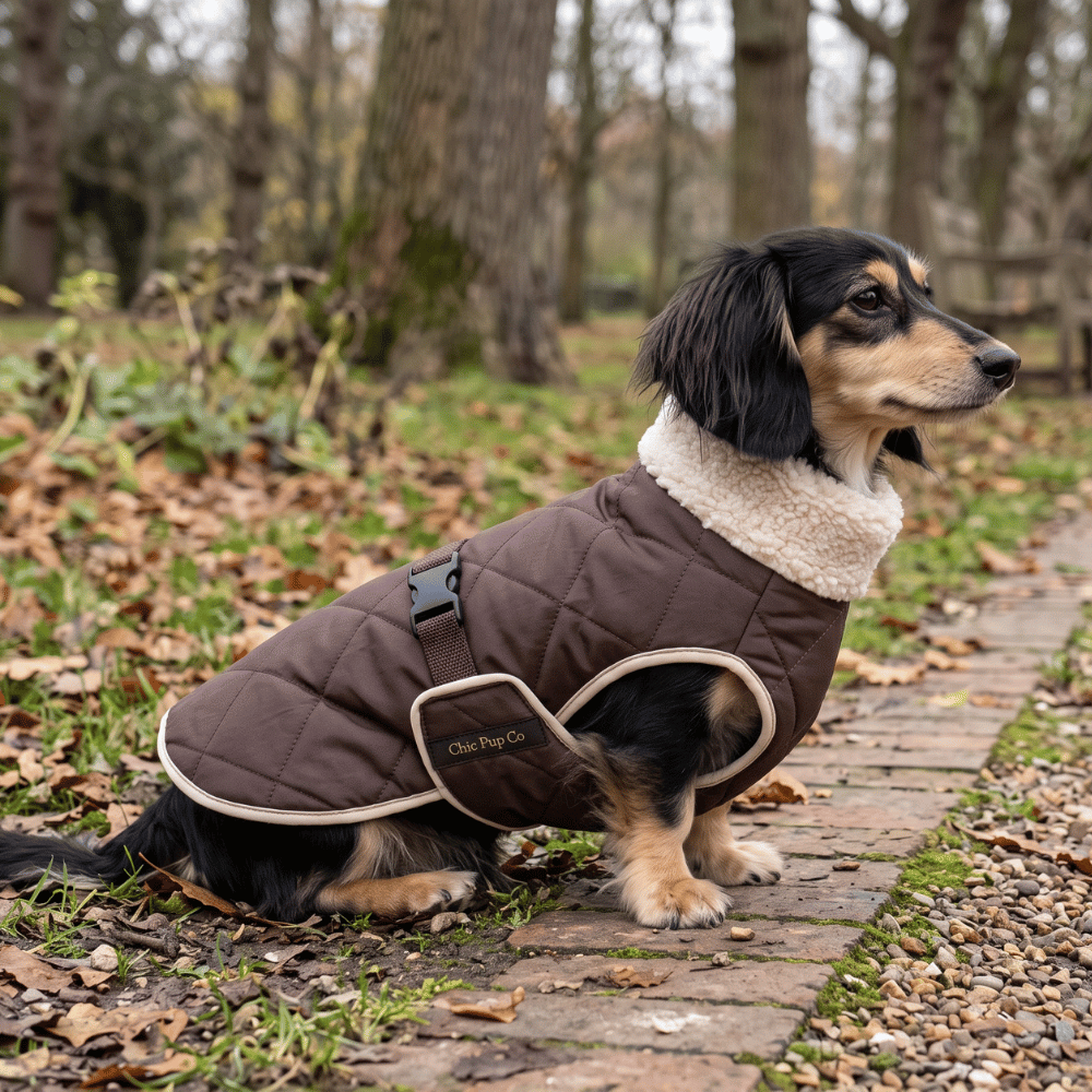 Chic Pup Co Brown Waterproof Sherpa-Lined Dog Coat for Dachshunds