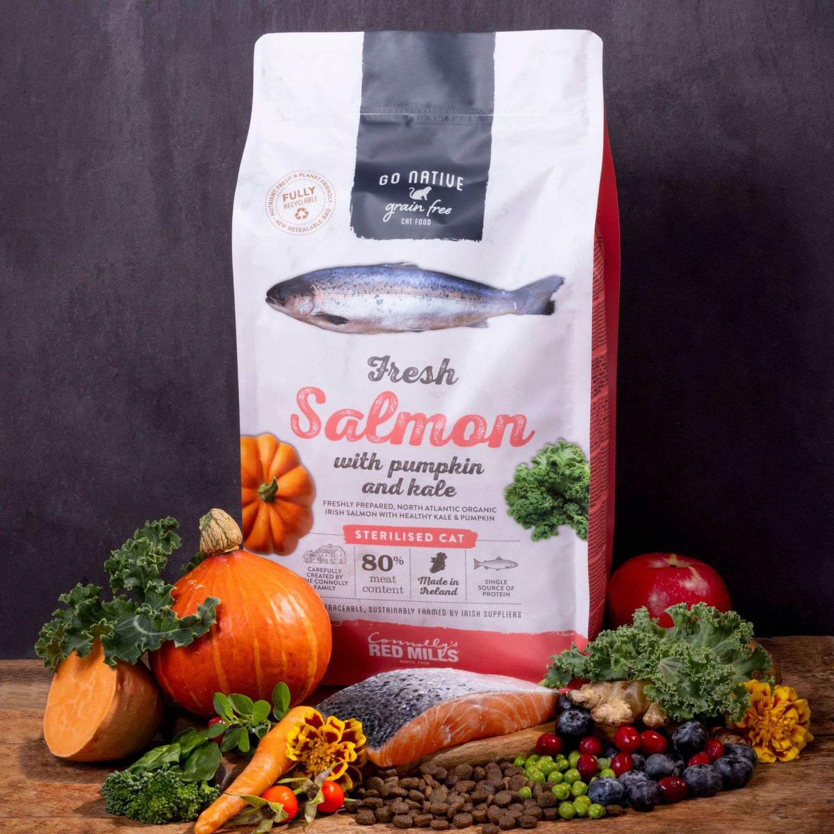 Red Mills Go Native Fresh Salmon with Pumpkin & Kale Dry Cat Food for Sterilised Cats, 300g
