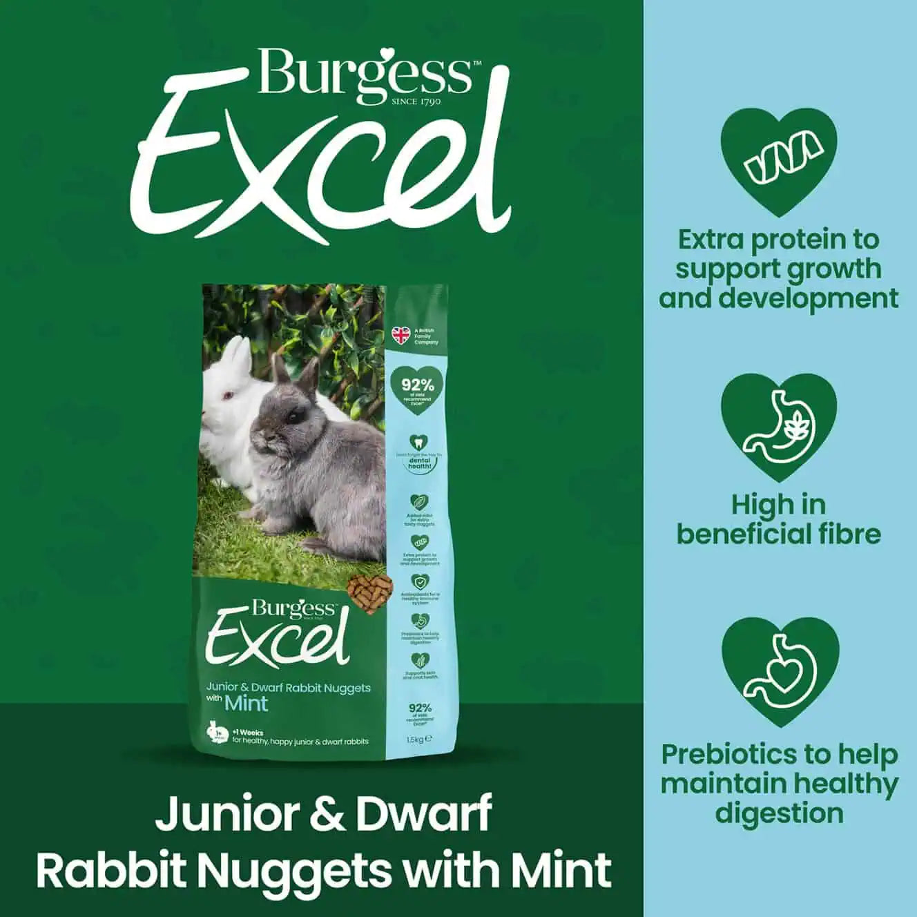 Burgess Excel Junior & Dwarf Rabbit Nuggets with Mint, 1.5kg