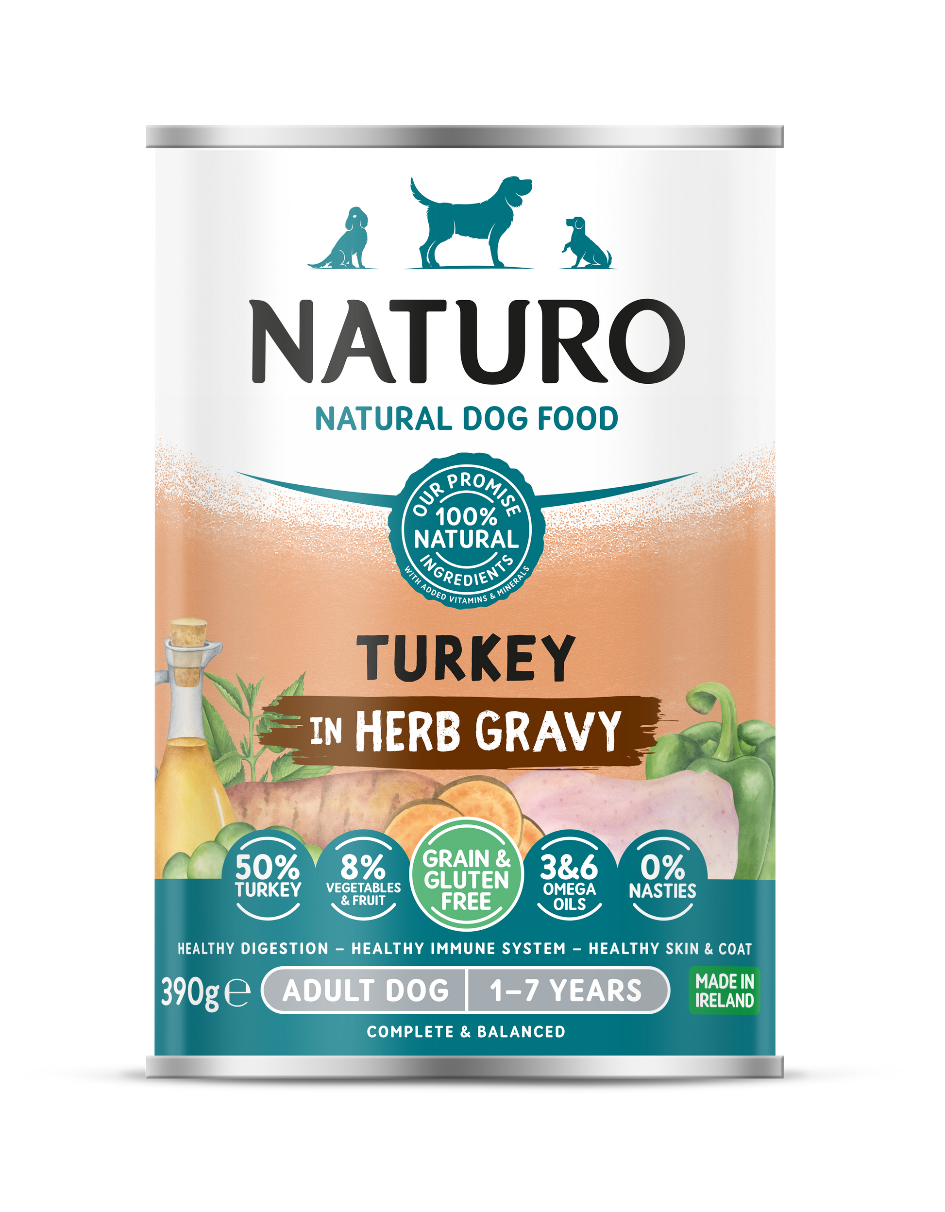 Naturo Grain & Gluten Free Turkey in a Herb Gravy Wet Dog Food for Adult Dogs, 390g