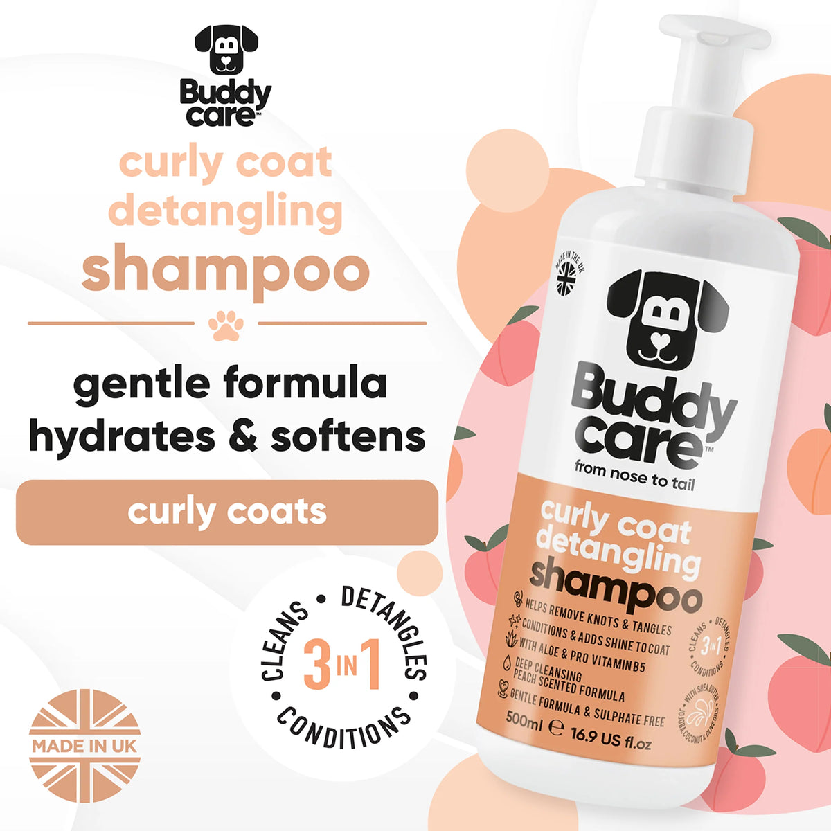 Buddycare Curly Coat Detangling 3in1 Peach Dog Shampoo, 500ml