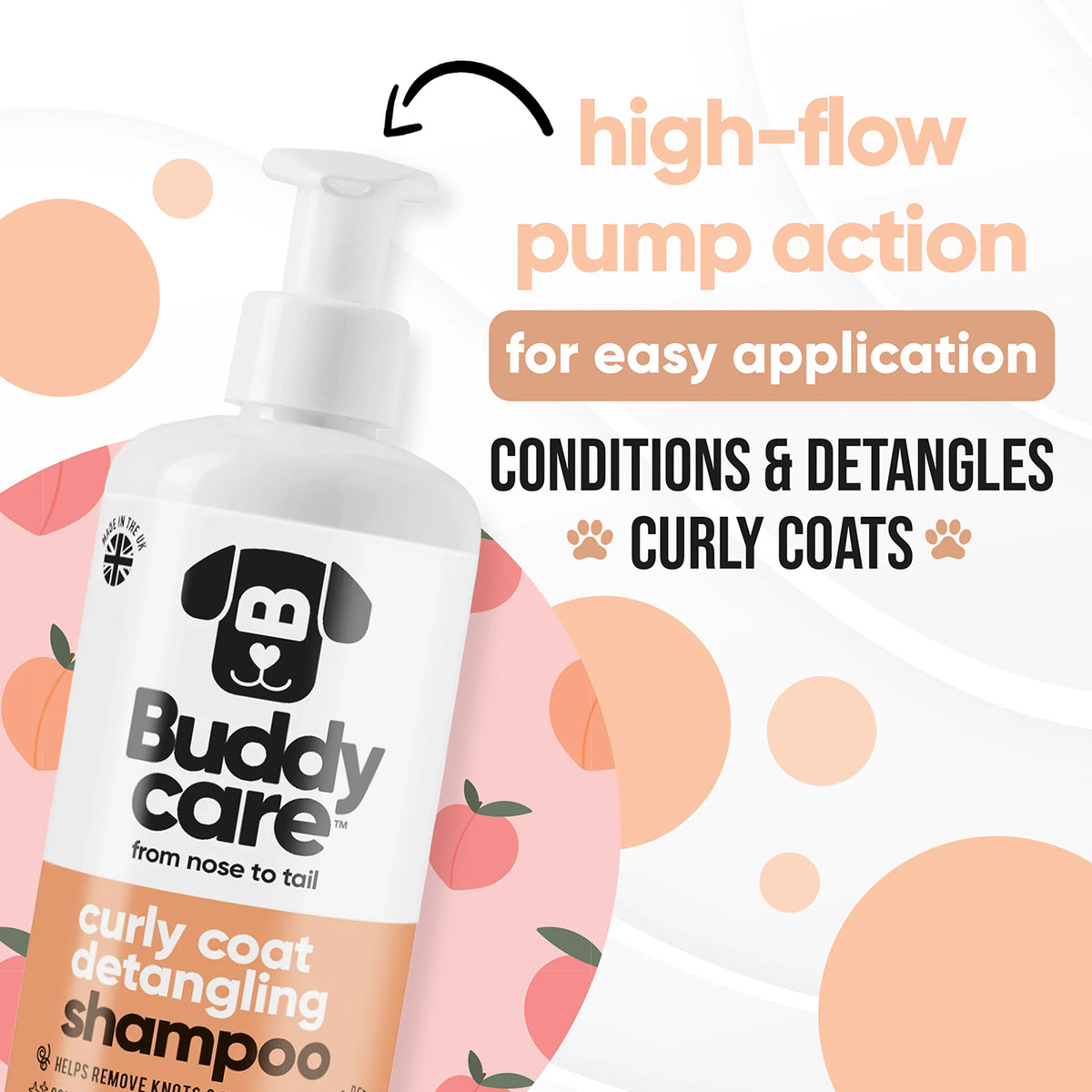 Buddycare Curly Coat Detangling 3in1 Peach Dog Shampoo, 500ml