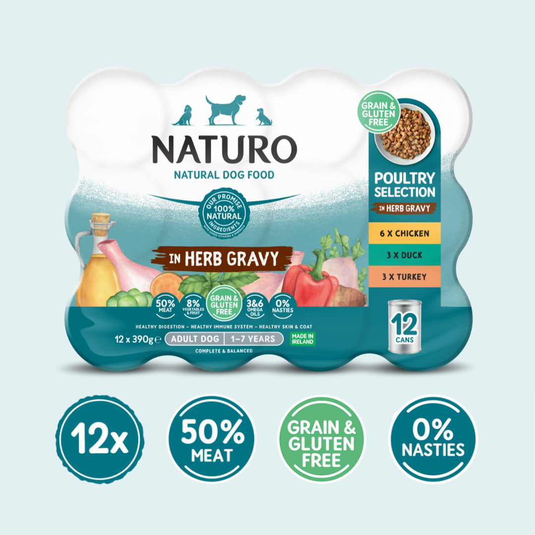 Naturo Grain & Gluten Free Poultry Selection in Herb Gravy Wet Dog Food for Adult Dogs, 12 x 390g