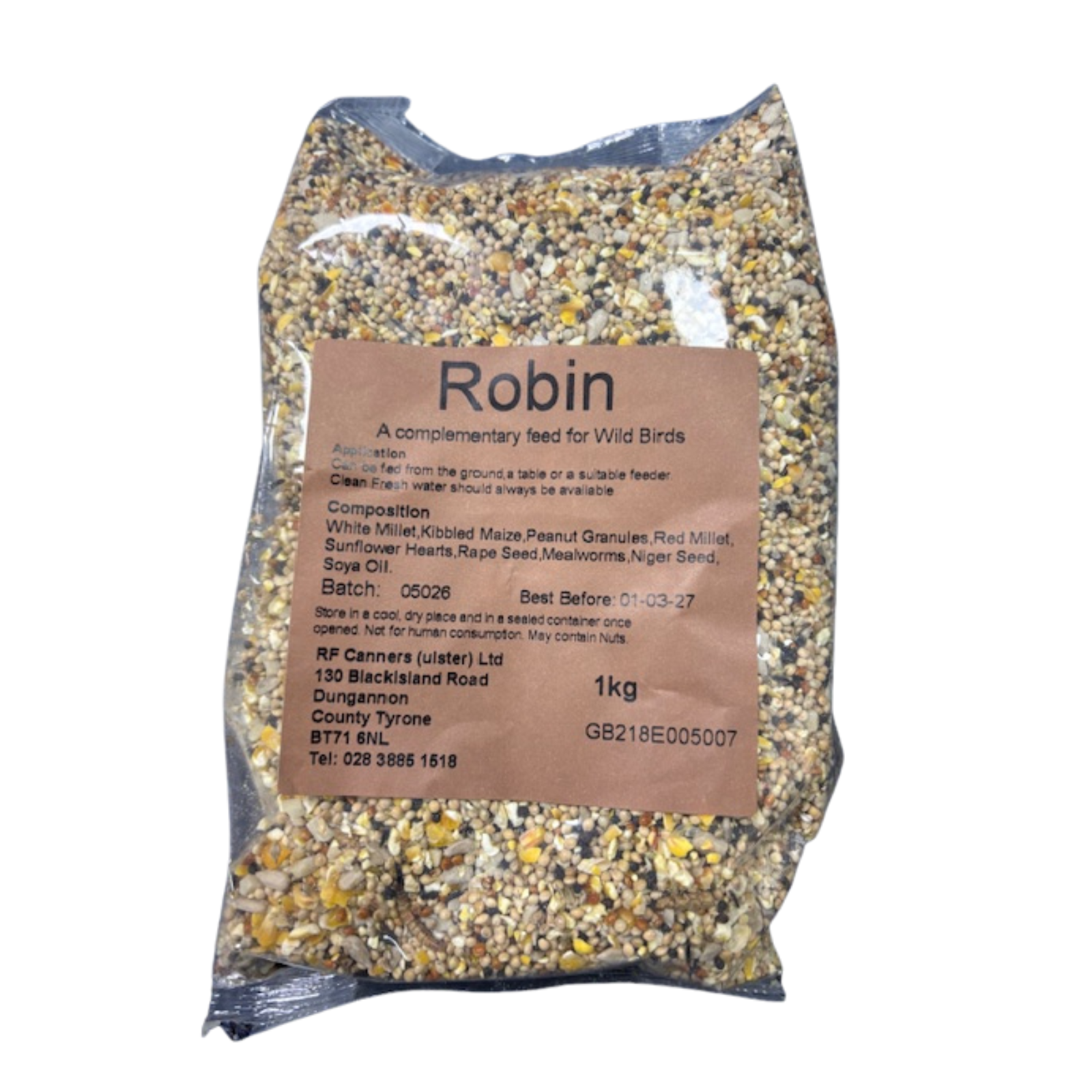 Bag of Robin bird seed on a white background