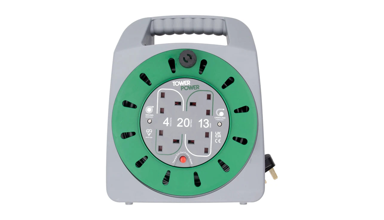 Tower Power 4G 13A Extension Cable Reel with Thermal Safety Cut Out, 20m