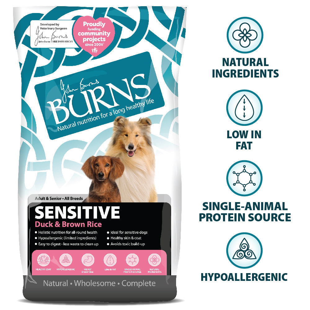 Burns Sensitive Duck & Brown Rice Dry Dog Food for Adult & Senior Dogs, 2kg