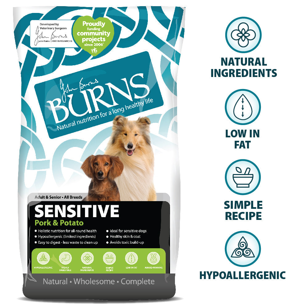 Burns Sensitive Pork & Potato Dry Dog Food for Adult & Senior Dogs, 2kg