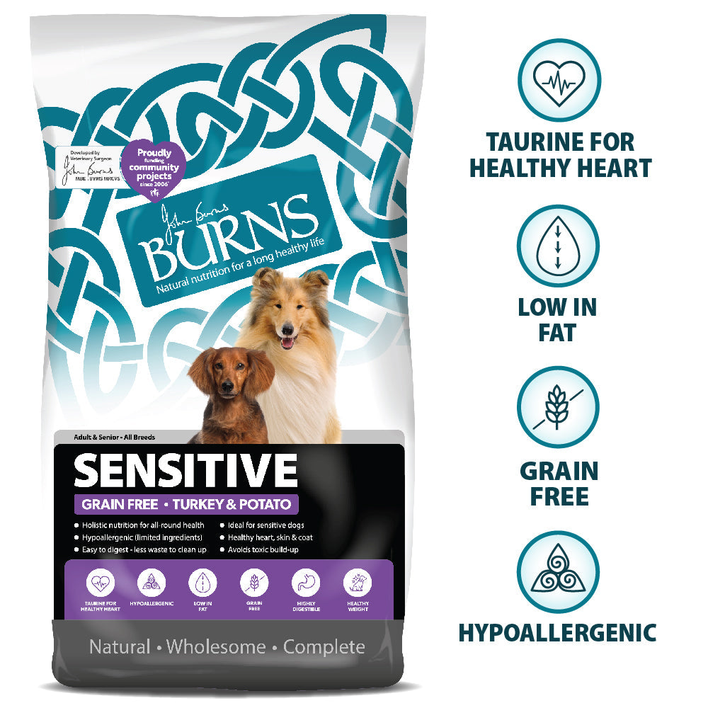 Burns Sensitive Grain-Free Turkey & Potato Dry Dog Food for Adult & Senior Dogs, 2kg
