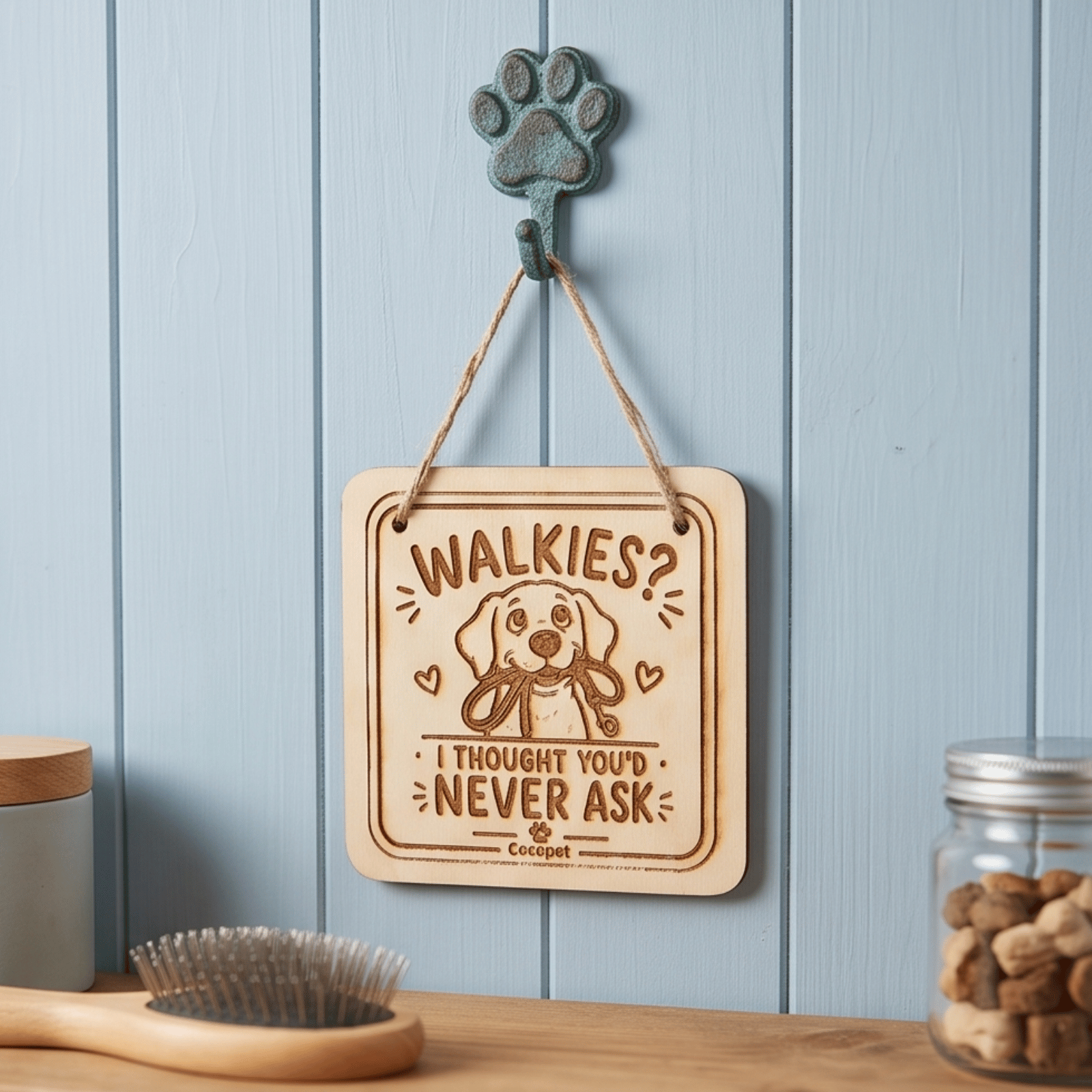 “Walkies?” Hanging Sign – Funny Dog Door Hanger