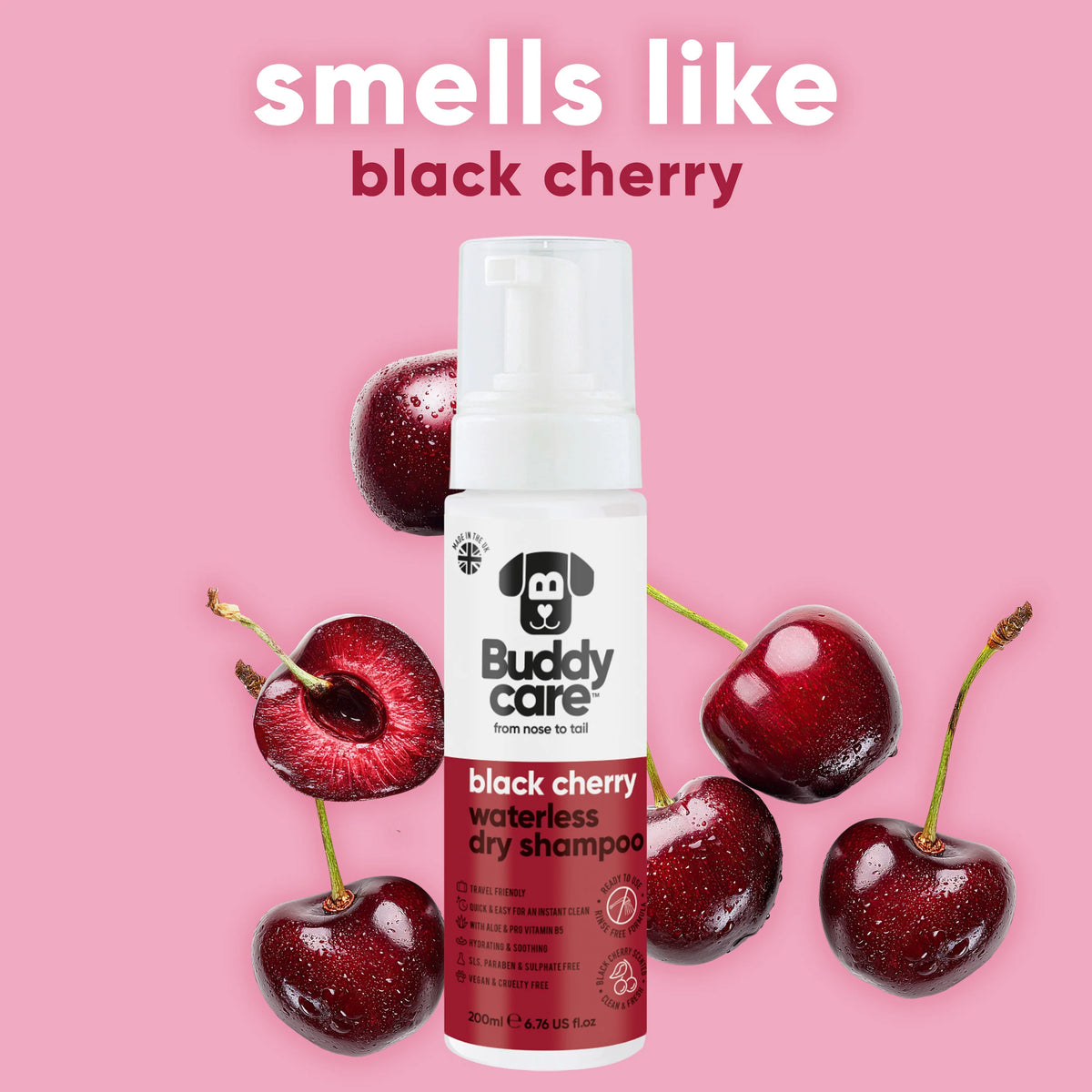 Buddycare Black Cherry Waterless Dry Dog Shampoo, 200ml
