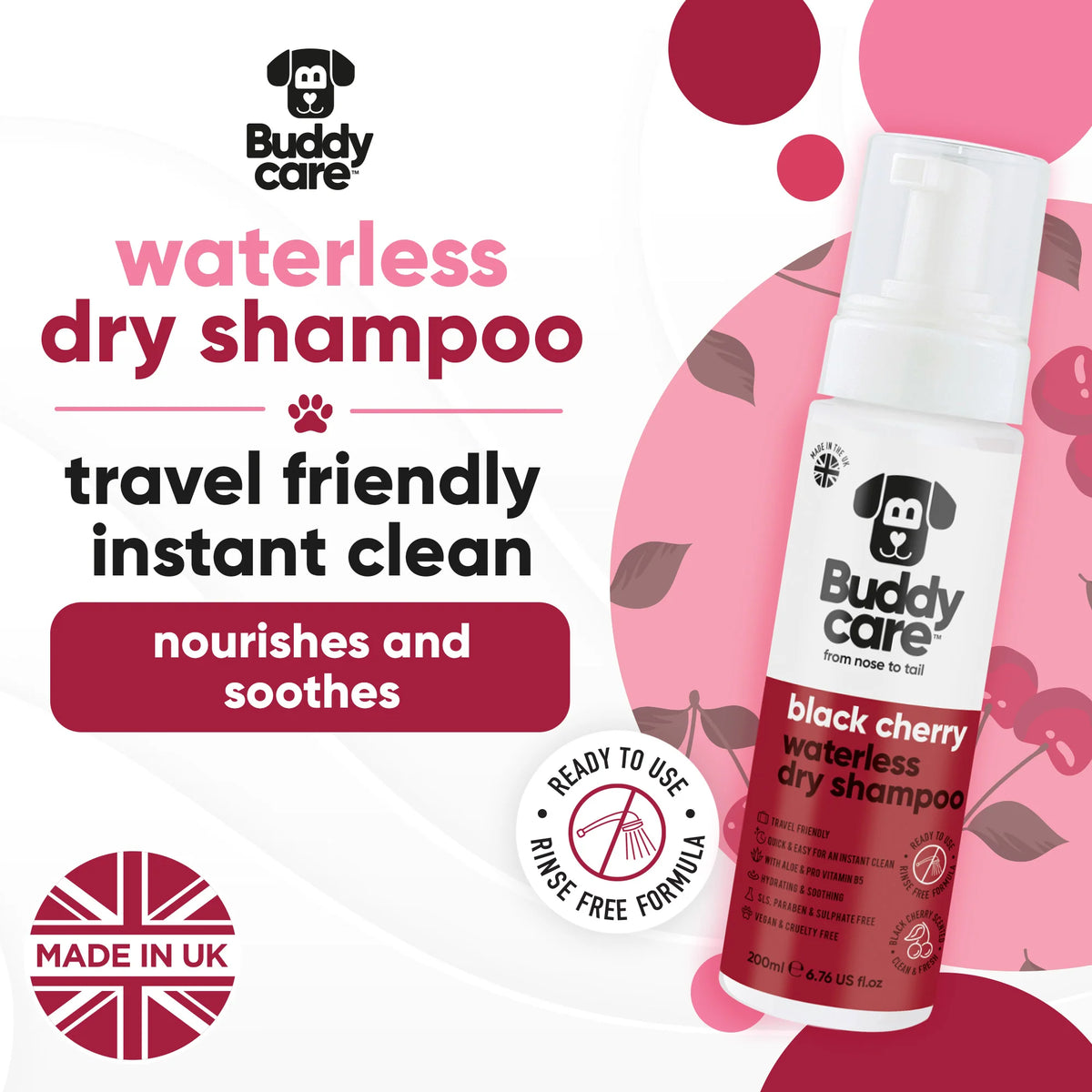 Buddycare Black Cherry Waterless Dry Dog Shampoo, 200ml