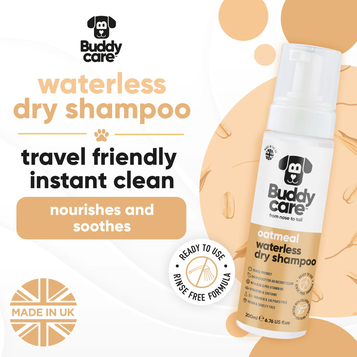 Buddycare Oatmeal Waterless Dry Dog Shampoo, 200ml