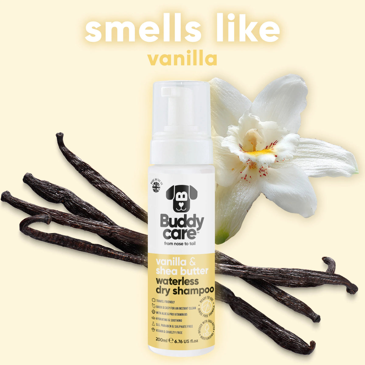 Buddycare Vanilla & Shea Butter Waterless Dry Dog Shampoo, 200ml