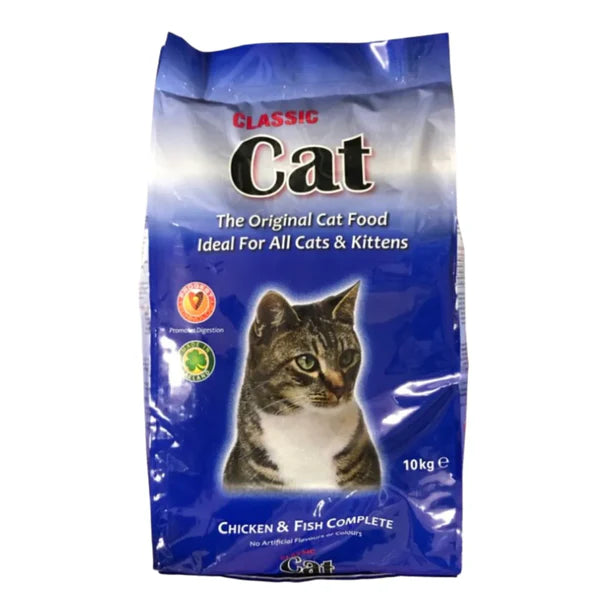 Blue bag of cat food with a cat on the label