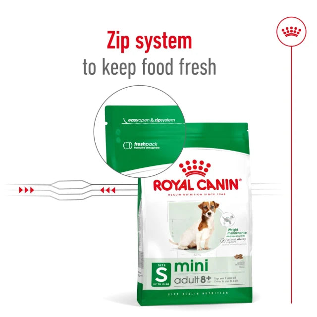 Royal Canin mini adult 8+ dog food package with a zip system feature on a white background