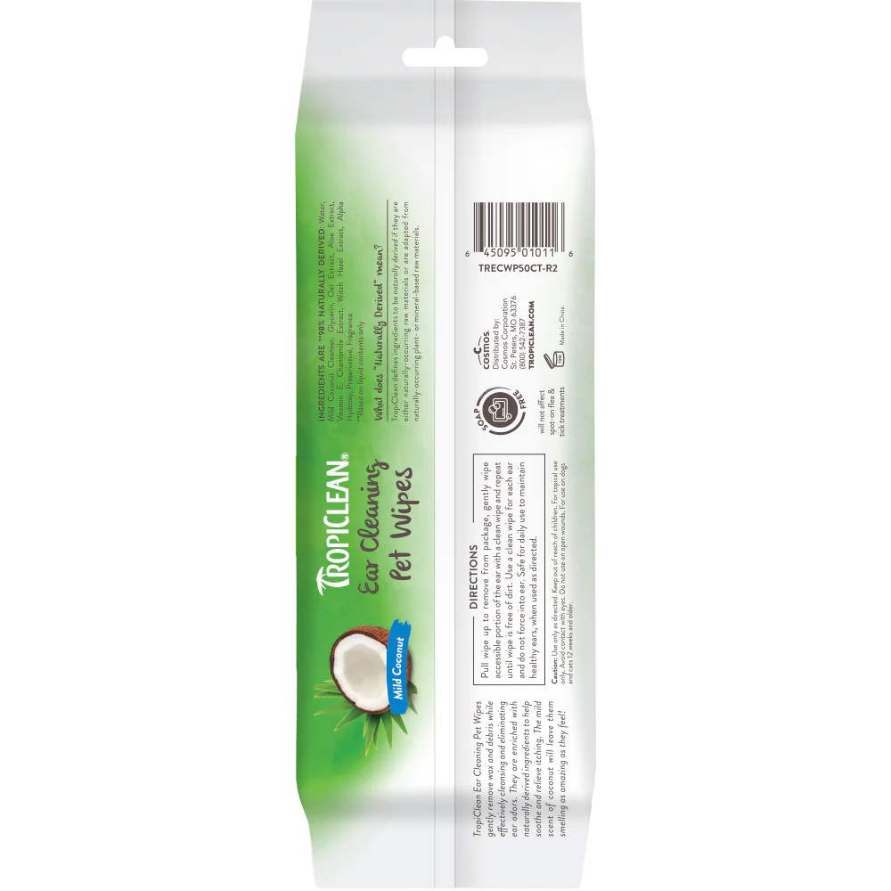 TropiClean Dog & Cat Ear Cleaning Wipes, 50 Pack