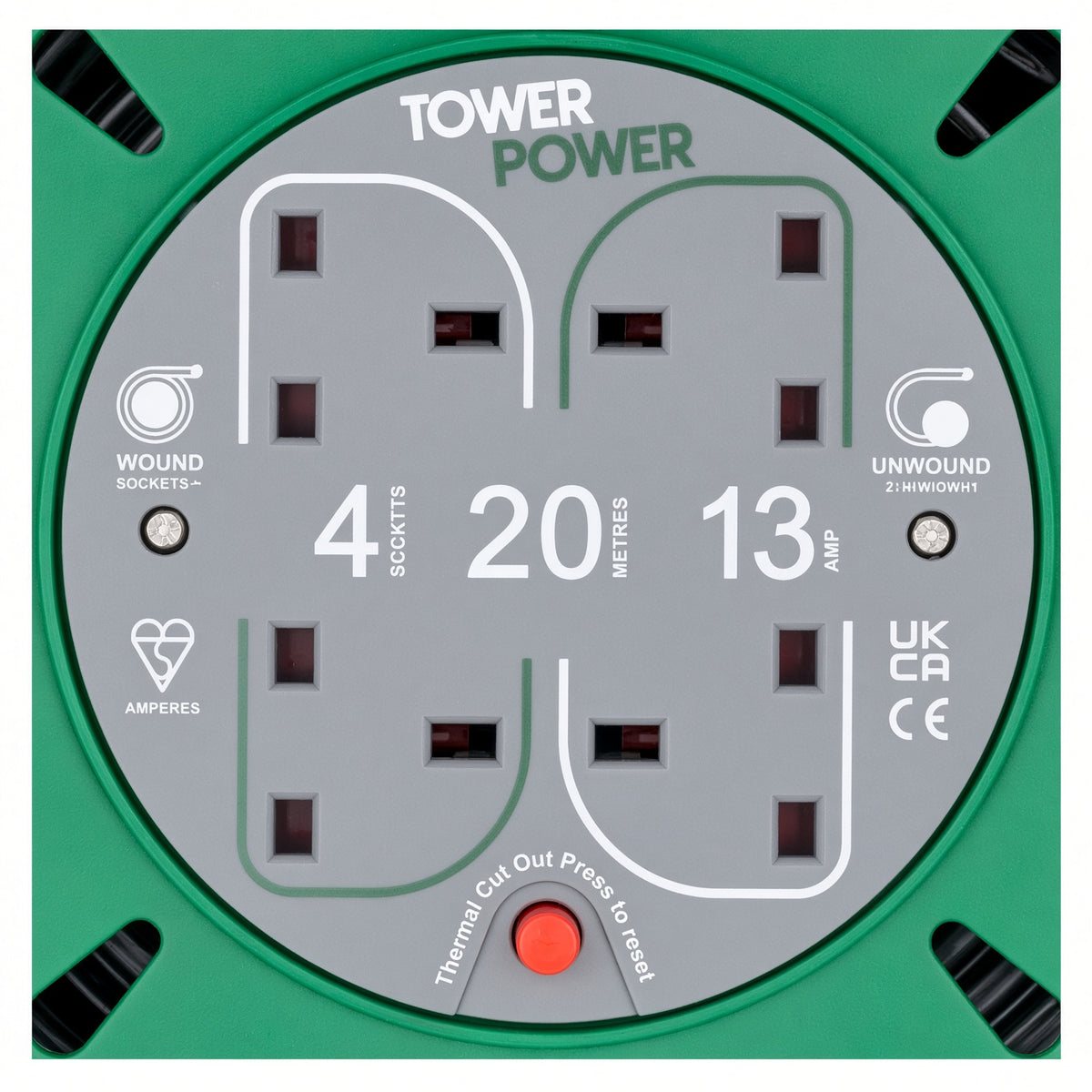 Tower Power 4G 13A Extension Cable Reel with Thermal Safety Cut Out, 20m