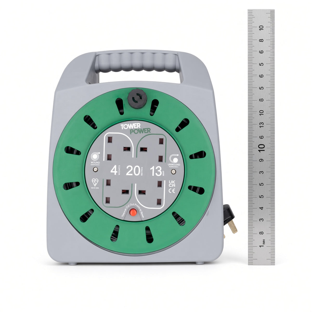 Tower Power 4G 13A Extension Cable Reel with Thermal Safety Cut Out, 20m