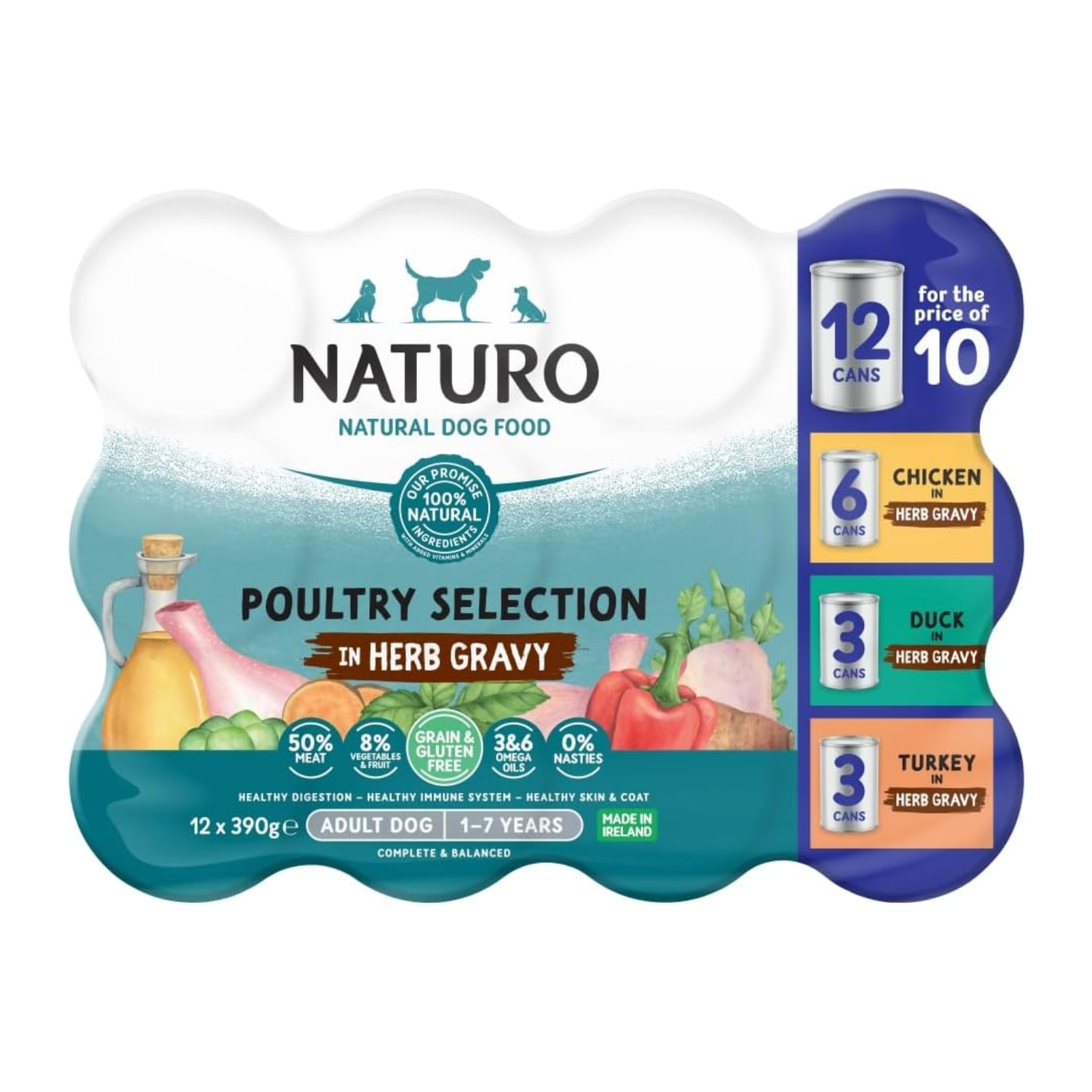 Naturo Grain & Gluten Free Poultry Selection in Herb Gravy Wet Dog Food for Adult Dogs, 12 x 390g