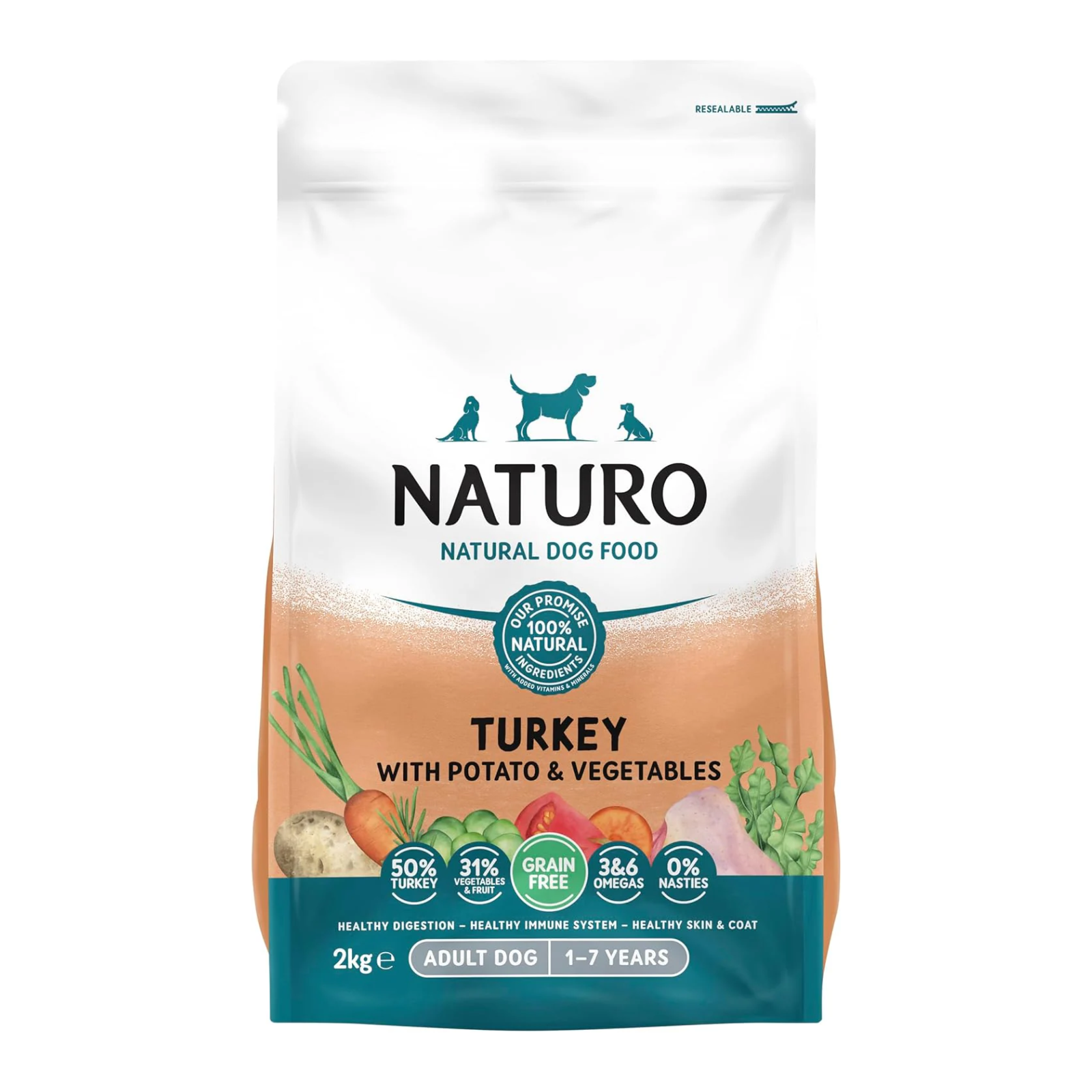 Naturo Grain Free Turkey with Potato & Vegetables Dry Dog Food for Adult Dogs, 2kg
