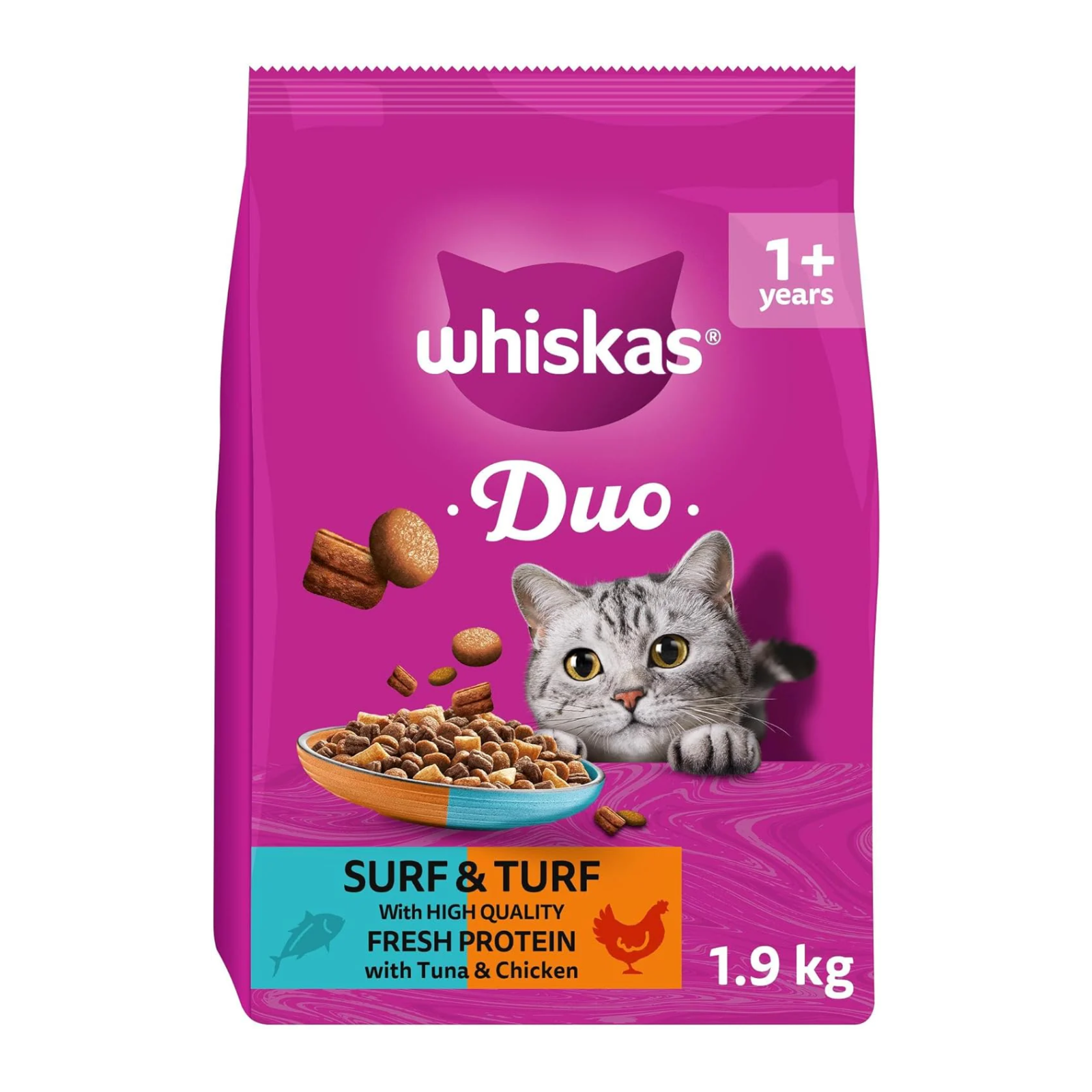 Whiskas Duo Surf & Turf Dry Cat Food for Adult Cats, 1.9kg