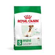 Royal Canin mini adult 8+ dog food packaging on a white background
