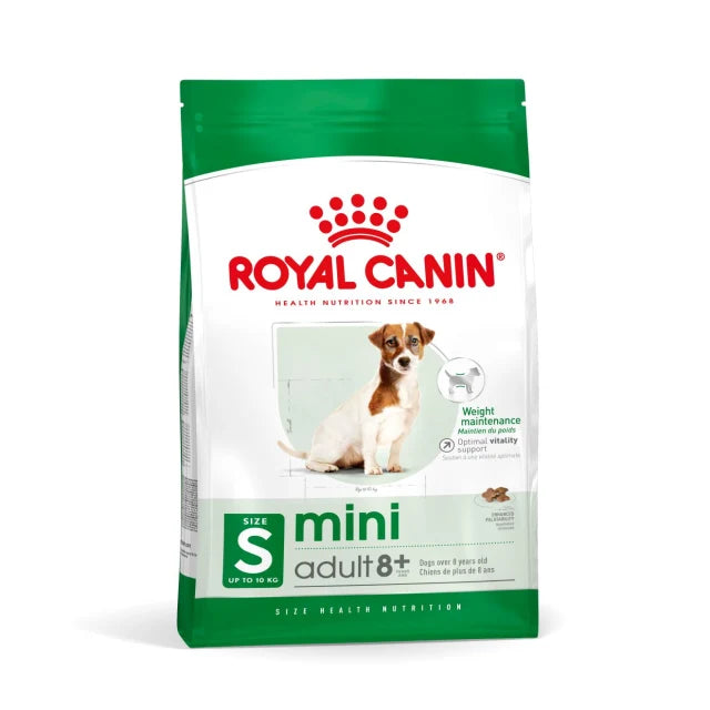Royal Canin mini adult 8+ dog food packaging on a white background