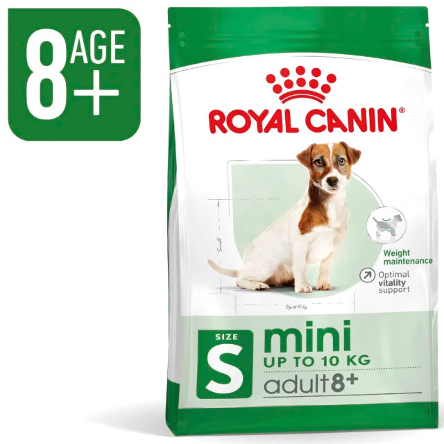 Royal Canin mini adult 8+ dog food package on a white background